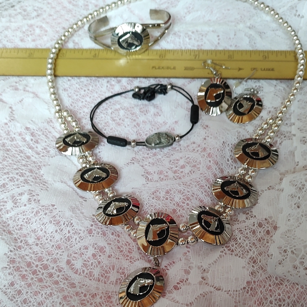 Silver Tone Horse Necklace, Bracelets and Earrings